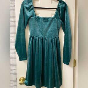 GAP Velvet Green Pine Smocked Square Neck Long Sleeve Dress Size Medium